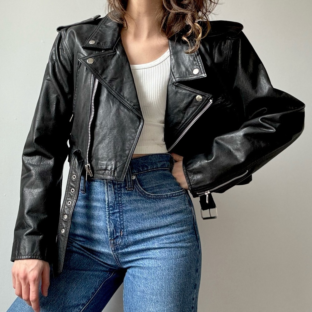 Cropped Leather Motorcycle Jacket